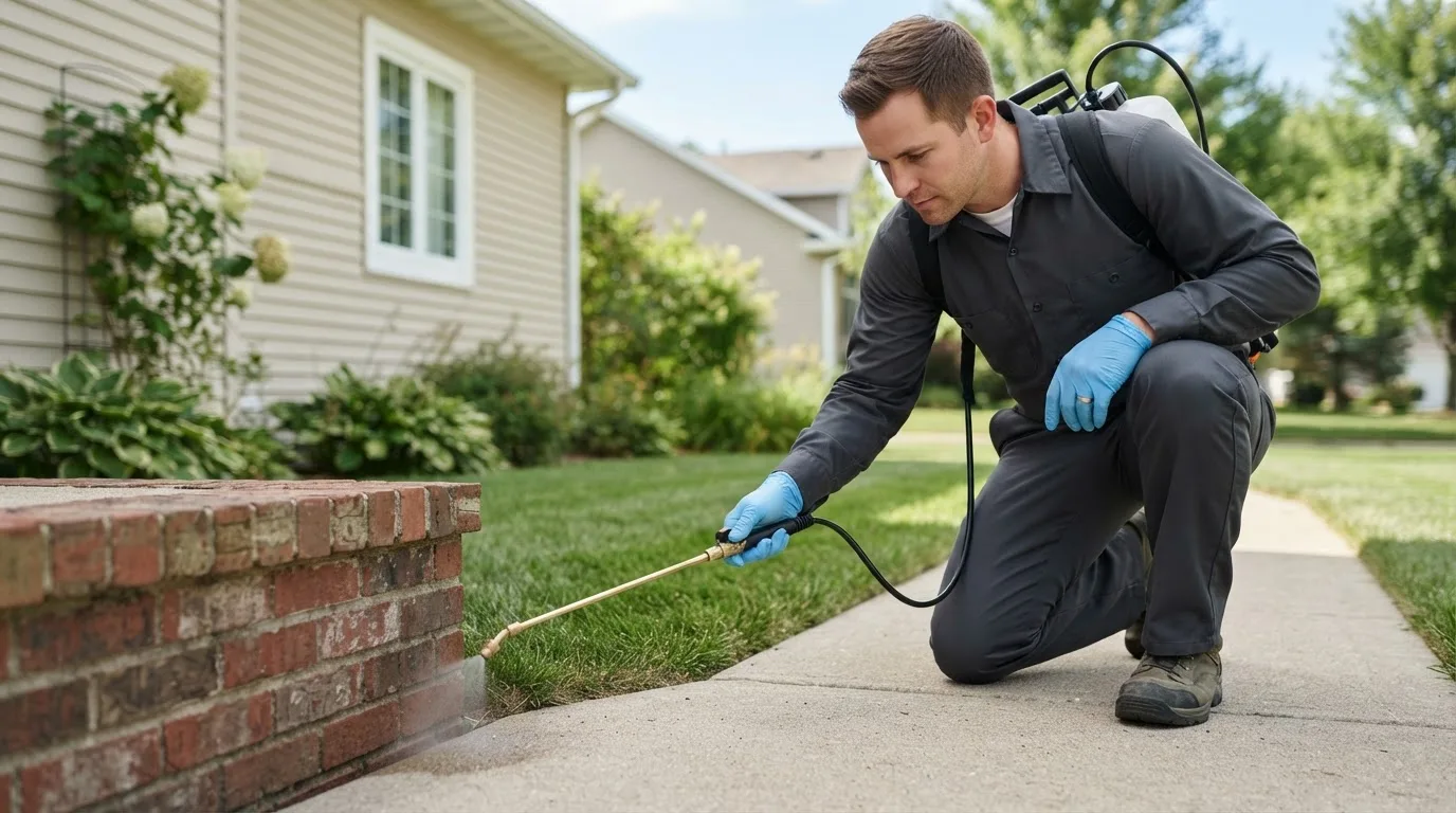 Pest control technician treating a home near New Lisbon, WI